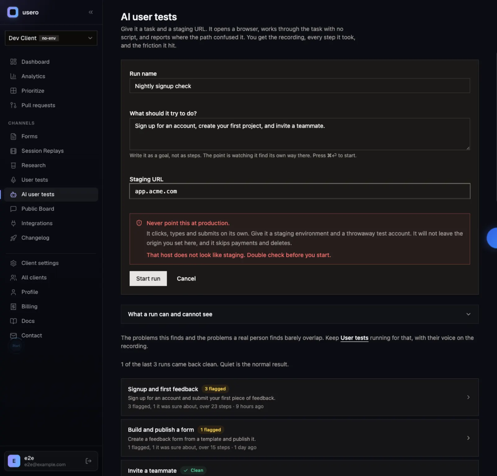 New run form with a red warning that the entered host does not look like staging