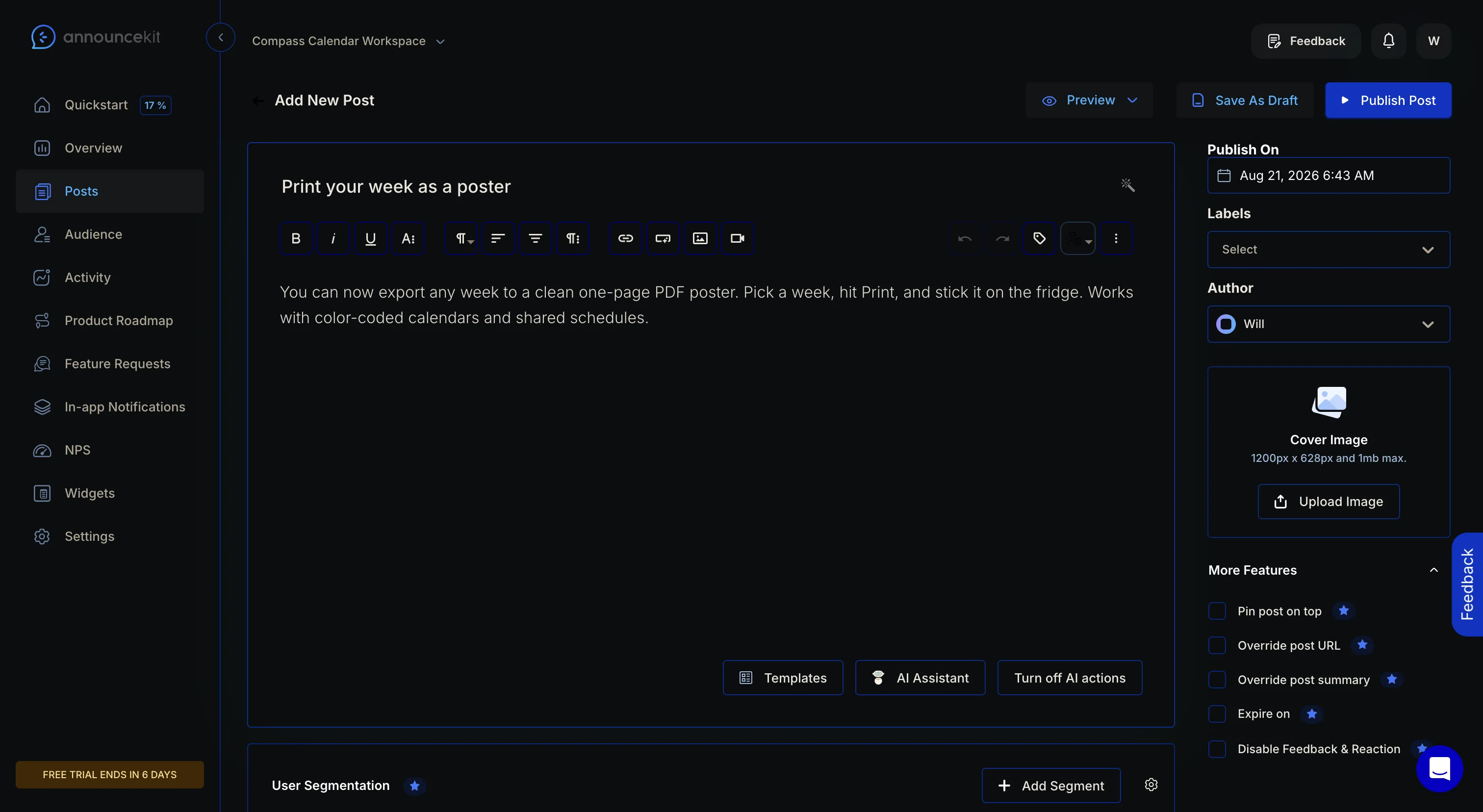 AnnounceKit post editor with the Boosters panel: Send Email disabled, Modal, Pop-up and Bar toggles enabled