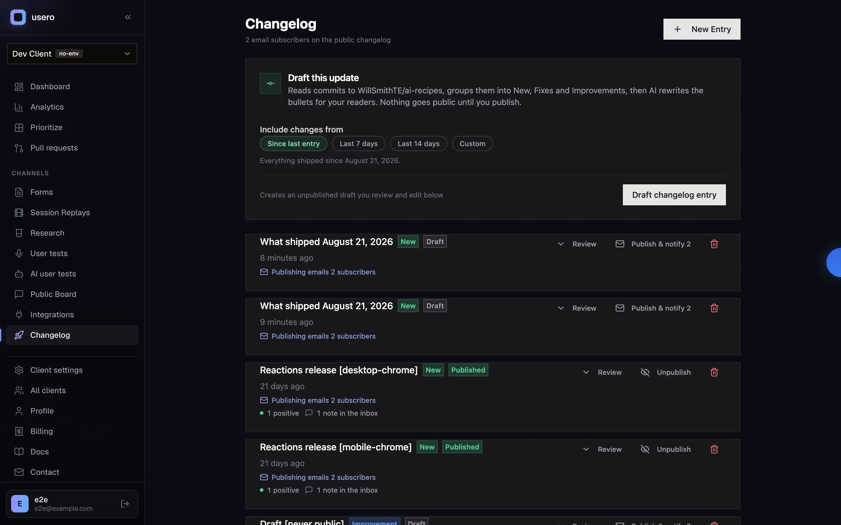 Usero admin changelog page showing the subscriber count and Publish and notify buttons with recipient counts