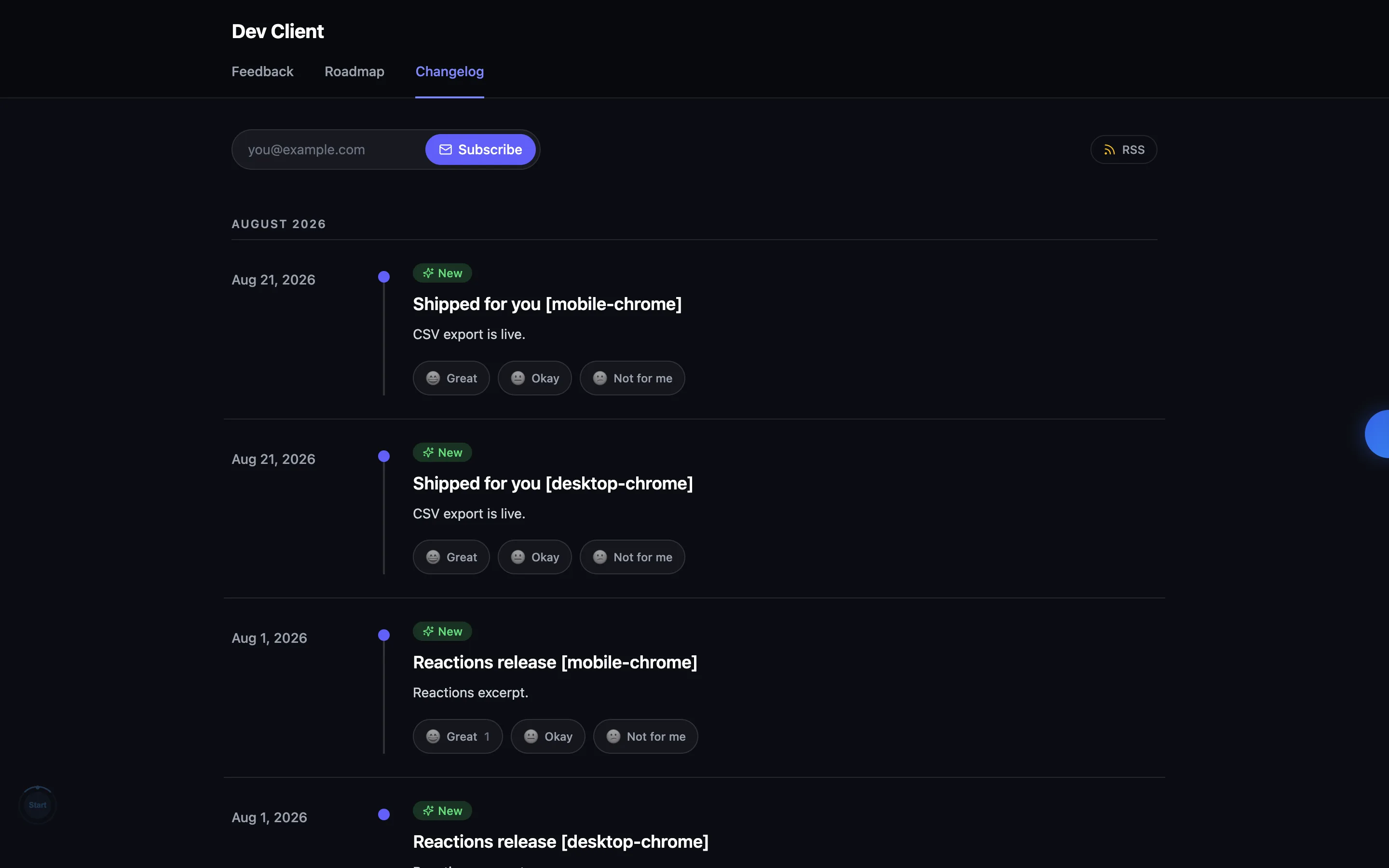Usero public changelog page with the new email subscribe form