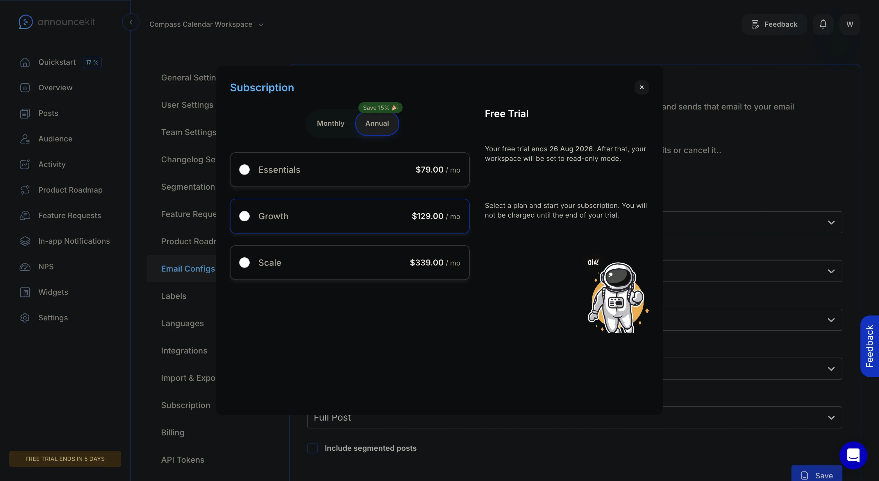 AnnounceKit subscription upgrade modal opening on a click of the digest frequency dropdown