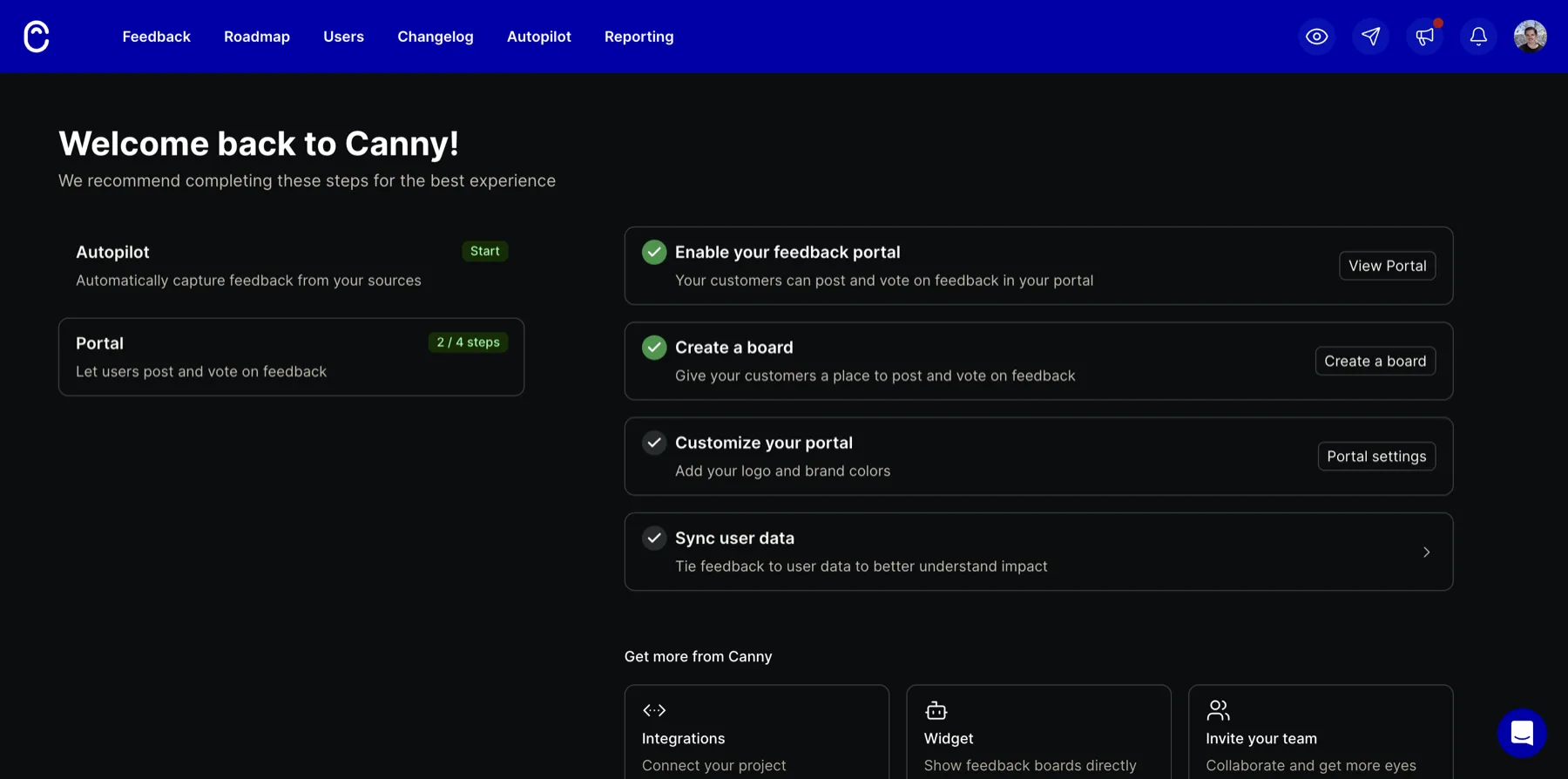 Canny admin dashboard with Autopilot in the top navigation and listed as an onboarding step.