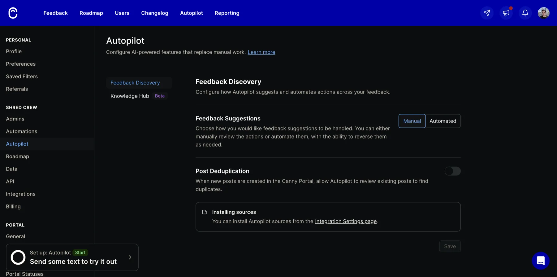 Canny Autopilot Feedback Discovery settings showing the Manual versus Automated segmented toggle and the Post Deduplication switch.