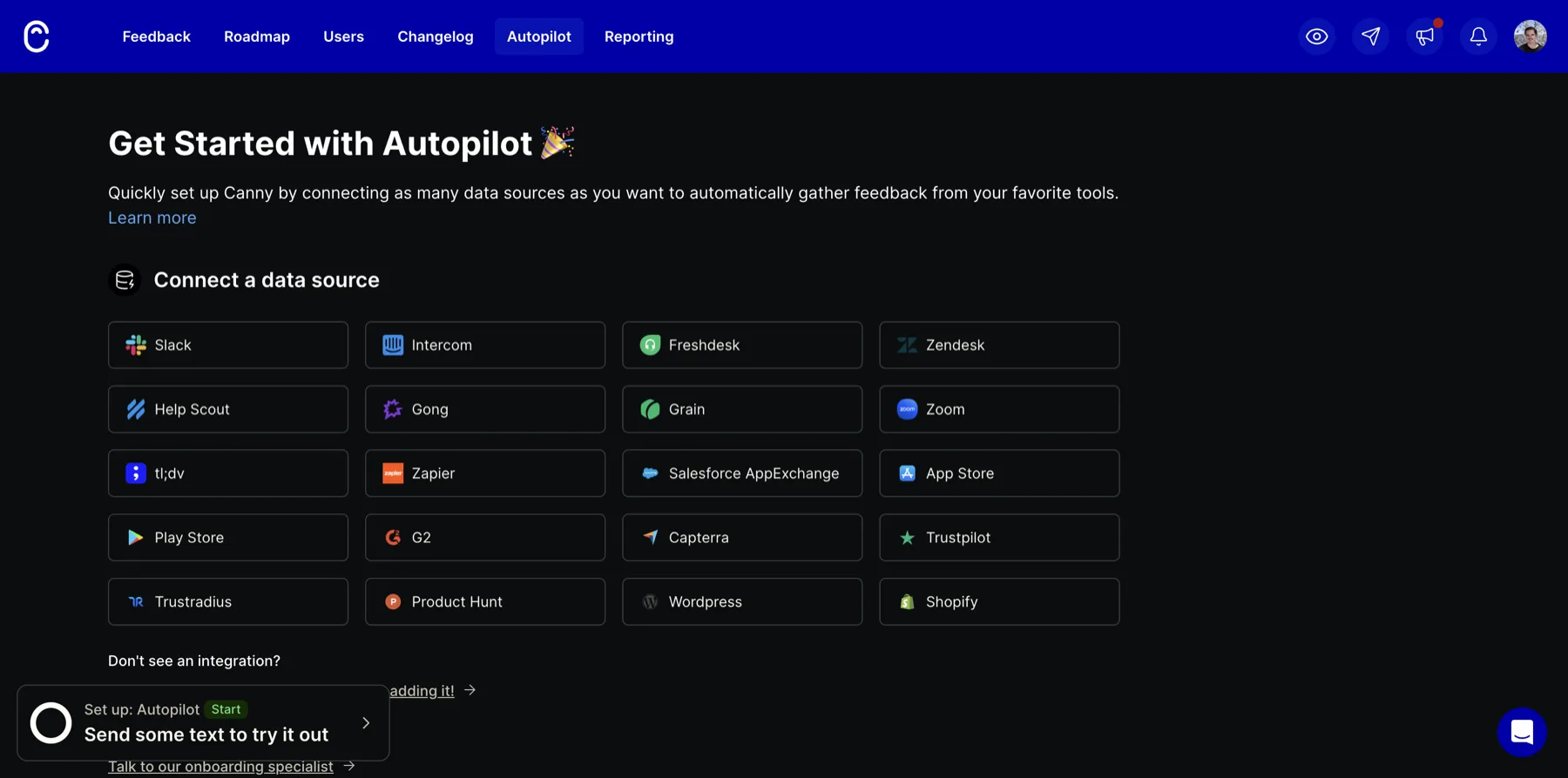 Canny Autopilot getting-started screen showing a grid of twenty source connectors including Slack, Intercom, Zendesk, App Store, and G2, with nothing connected yet.