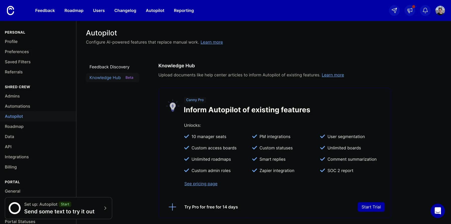 Canny Knowledge Hub tab marked Beta, blocked behind a Canny Pro upgrade wall that also lists Smart Replies and Comment Summarization as Pro features, with a 14-day trial CTA.