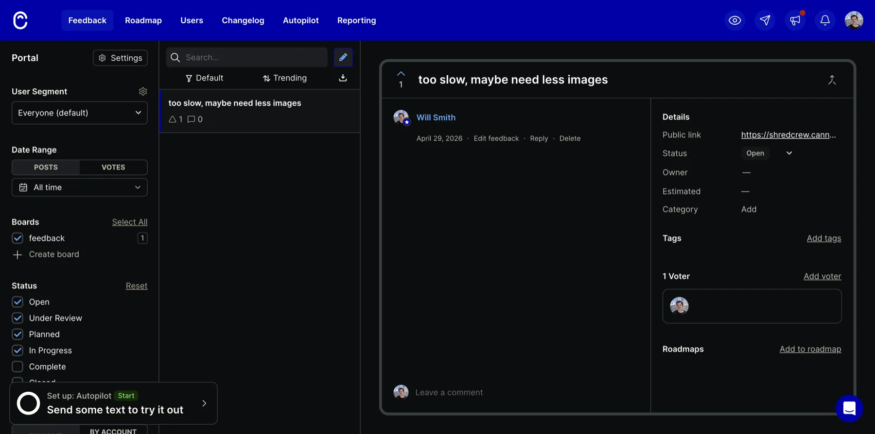 Canny admin post detail view for a single feedback post inside the portal.