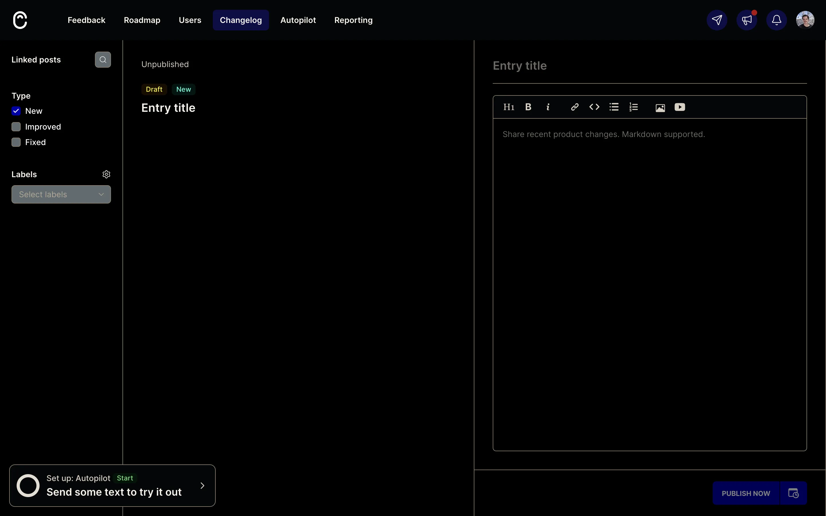 Canny's changelog create screen in three panes: a left rail with Linked posts, Type and Labels, a live preview of the public entry in the middle, and a markdown editor with a formatting toolbar on the right