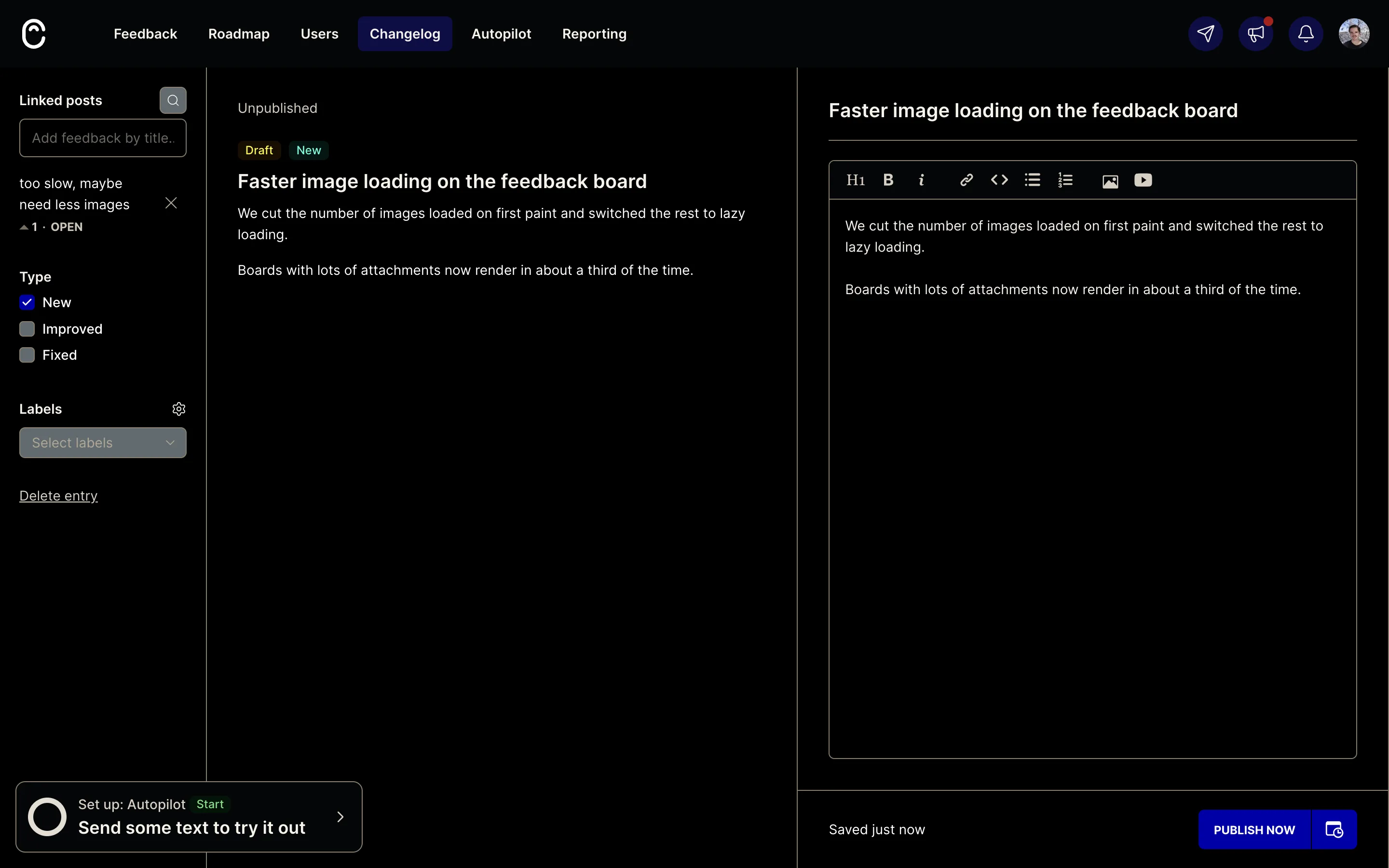 The Linked posts rail of a Canny changelog entry showing an attached board post titled "too slow, maybe need less images" with a vote count of 1 and an OPEN status badge