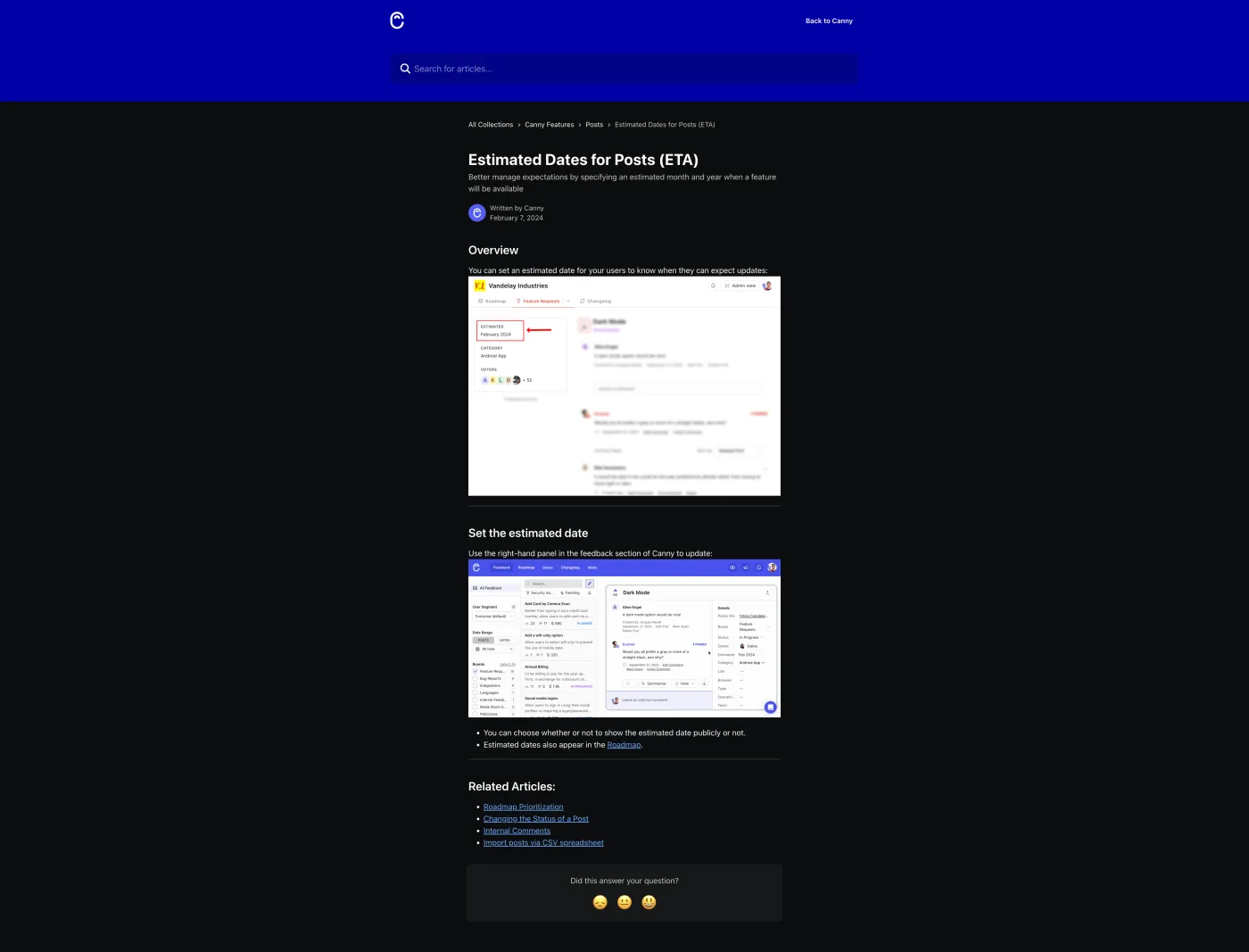 Canny help centre article Estimated Dates for Posts (ETA): a post detail with an Estimated field reading February 2024 highlighted in red, the admin right-hand panel where it is set, and two bullets: you can choose whether or not to show the estimated date publicly, and estimated dates also appear in the Roadmap.