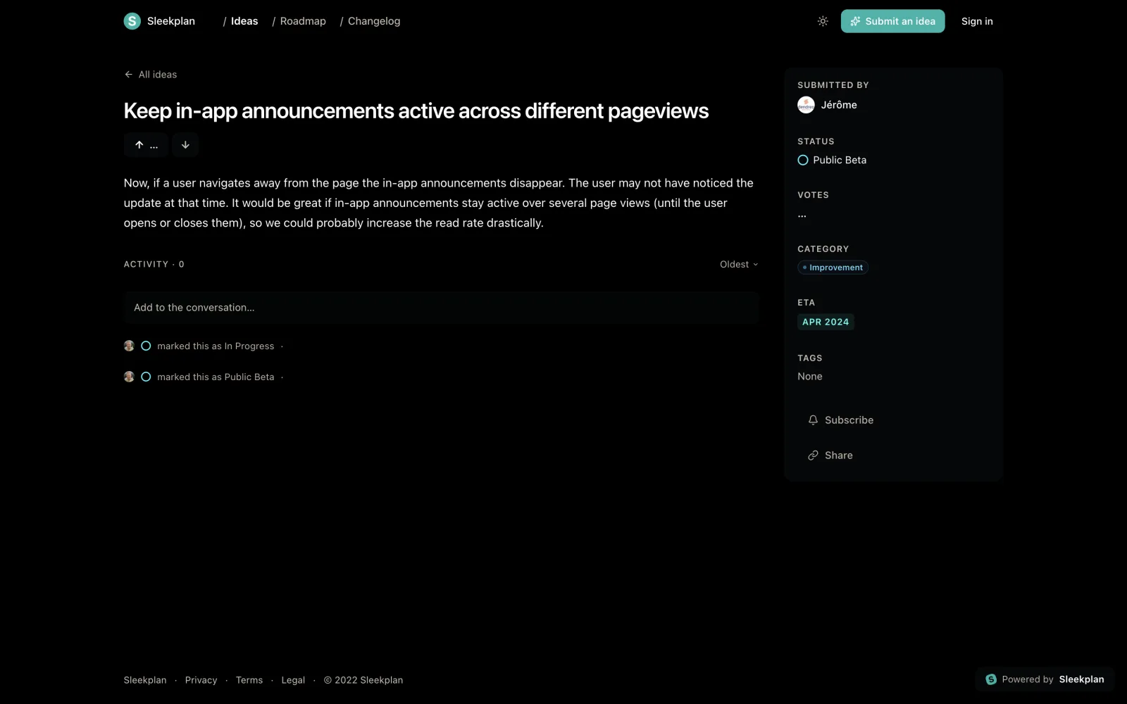 A post on Sleekplan’s own public board, Keep in-app announcements active across different pageviews, status Public Beta, with an ETA chip reading APR 2024 in the right-hand panel, an activity feed of two status changes and zero comments.