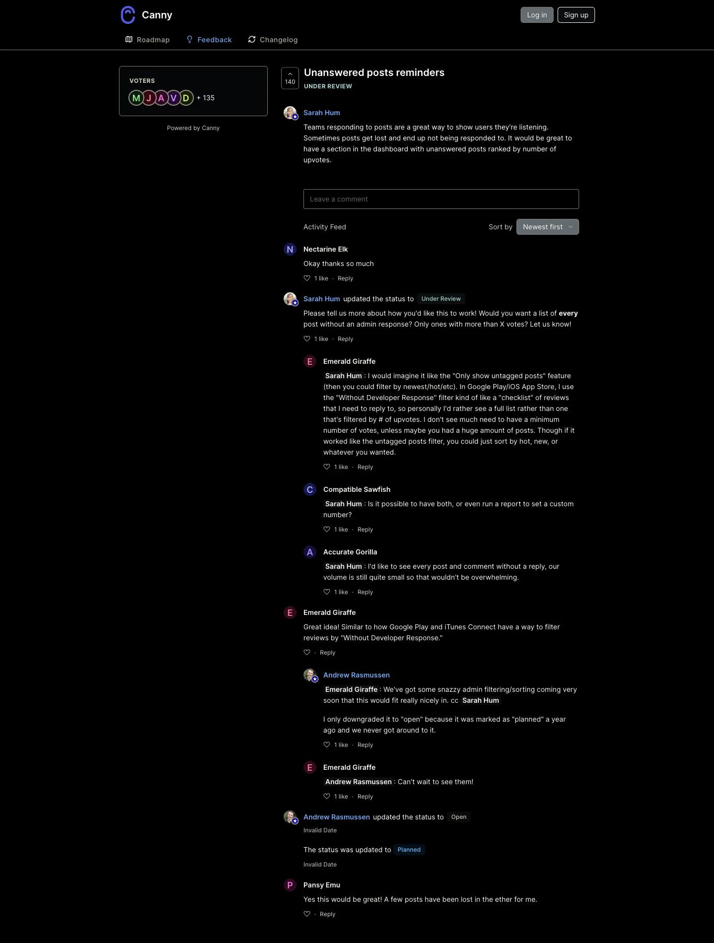 The Unanswered posts reminders post on feedback.canny.io. 140 votes, status Under Review, authored by Sarah Hum, with the activity feed below showing her question to voters and the replies from Emerald Giraffe, Compatible Sawfish and Accurate Gorilla.