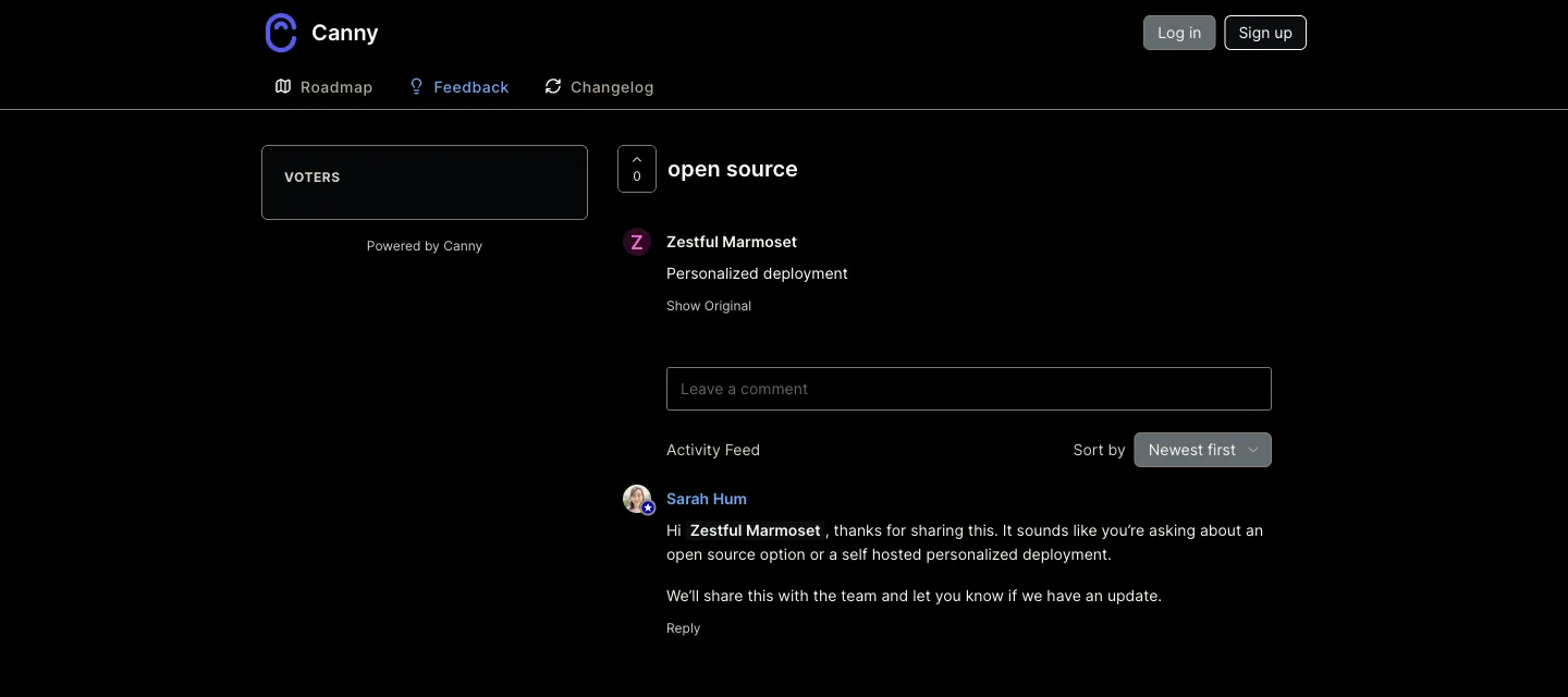 A post titled open source on feedback.canny.io whose body is two words, Personalized deployment, and a reply from Sarah Hum guessing the author is asking about an open source option or a self hosted deployment.