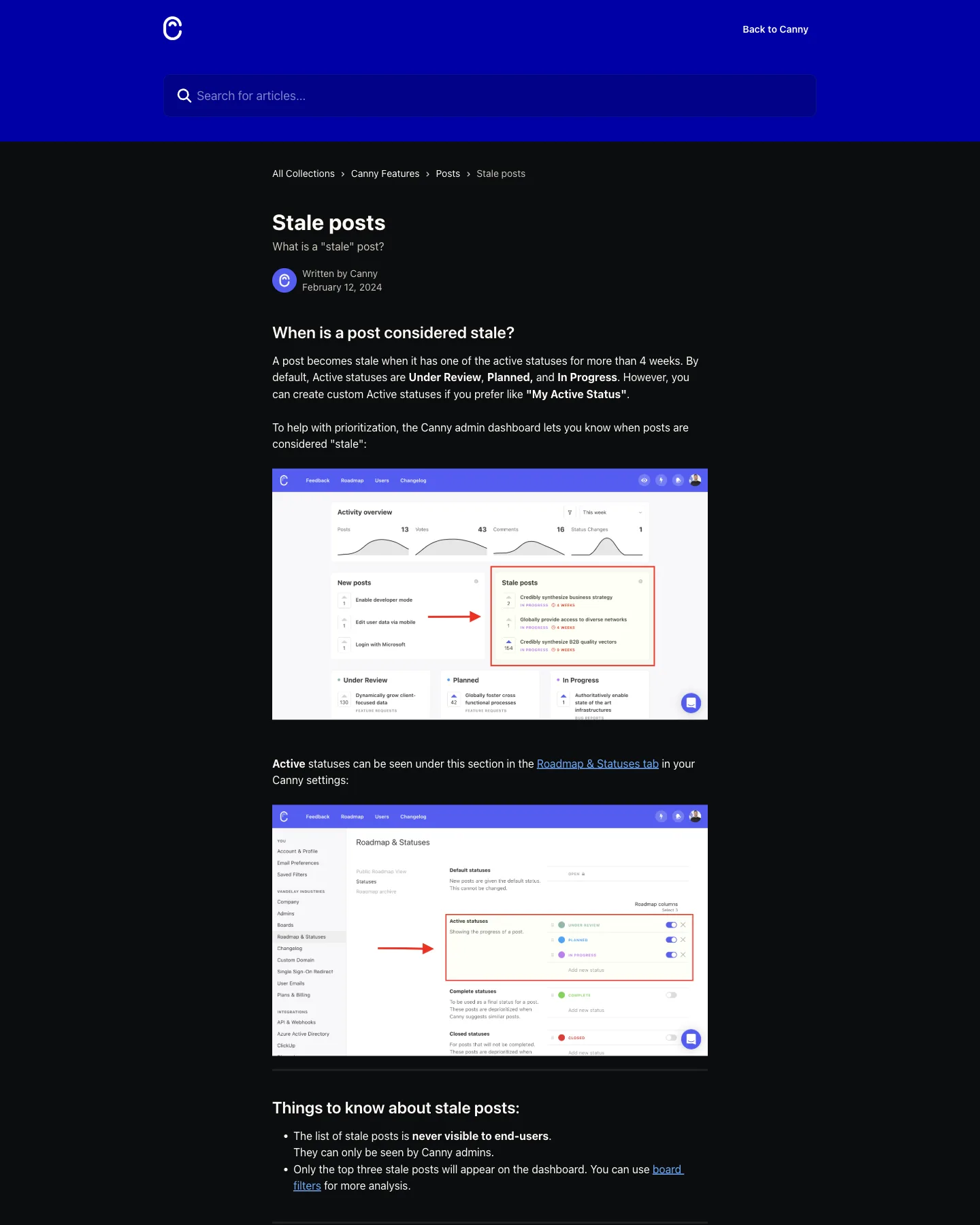 Canny help centre article Stale posts, with a screenshot of the admin dashboard where a Stale posts card is outlined in red beside New posts, and a second screenshot of the Roadmap and Statuses settings with Active statuses highlighted.