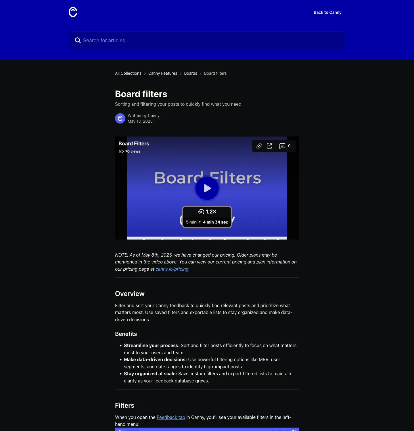 Canny help centre article Board filters, listing the filters available in the Feedback tab: User Segment, Date Range, Boards, Status, Companies, Tags, Categories and Owner.