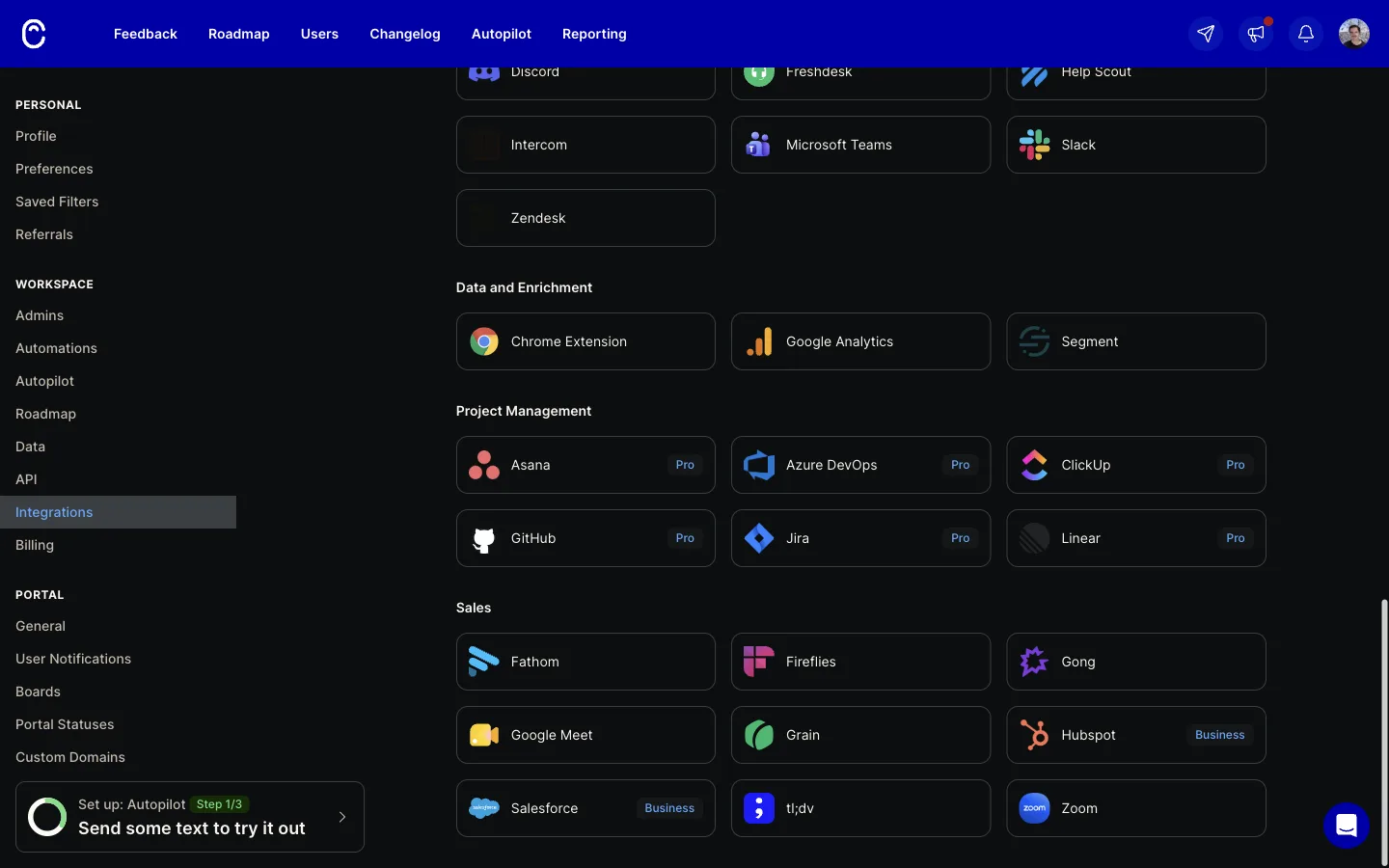Canny Settings, Integrations page. The Project Management section lists Asana, Azure DevOps, ClickUp, GitHub, Jira and Linear, each with a Pro badge. Other sections show Data and Enrichment tools with no badge and HubSpot and Salesforce badged Business.