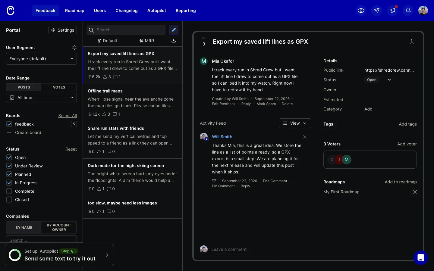 Canny admin feedback list with Export my saved lift lines as GPX selected, showing $6.2k MRR, 3 votes and 1 comment on the card. The post sidebar has Details, Tags, 3 Voters with avatar initials D, T and M, and Roadmaps, with no Linked issues section on the Free plan.