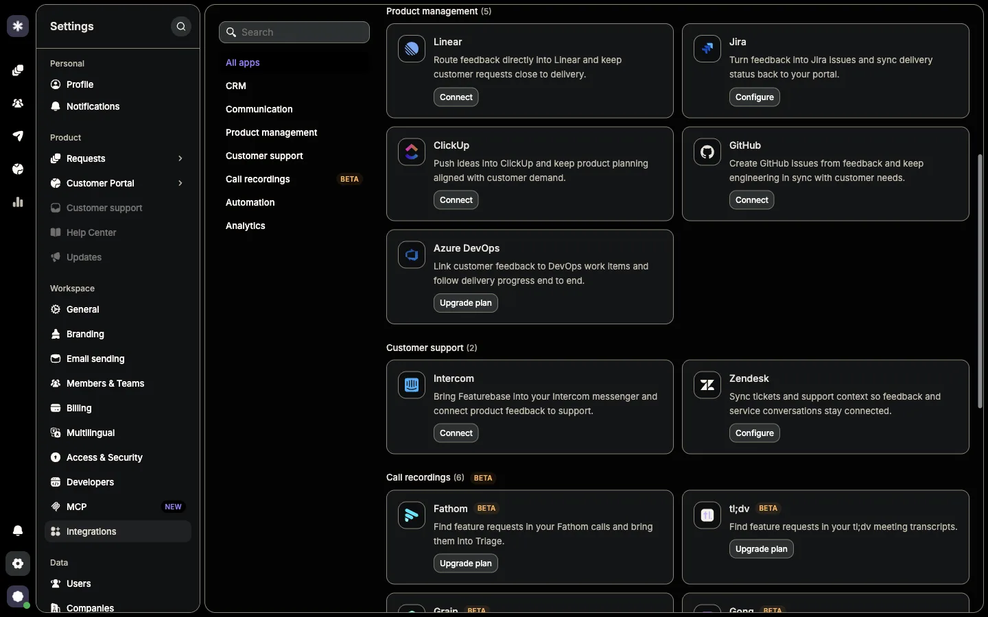 Featurebase Settings, Integrations, Product management section with five cards. Linear: Route feedback directly into Linear, Connect. Jira: Turn feedback into Jira issues and sync delivery status back to your portal, Configure. ClickUp and GitHub with Connect buttons. Azure DevOps with an Upgrade plan button.