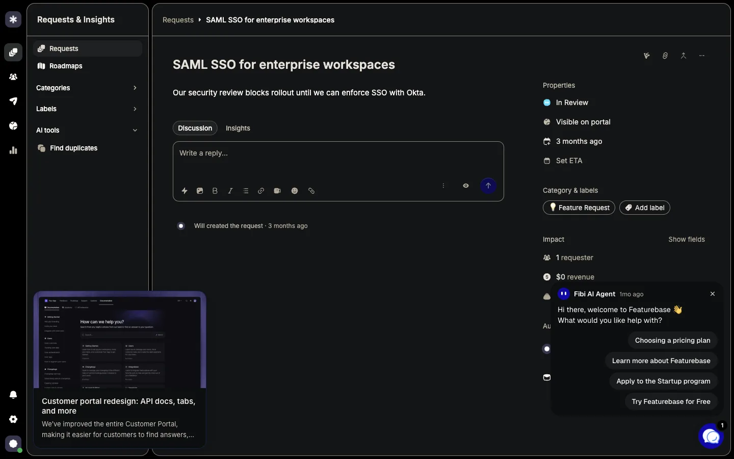 Featurebase request page for SAML SSO for enterprise workspaces. The header icons at top right are Copy as prompt, Copy link and Merge, with no issue tracker button. The right sidebar shows Properties, In Review, Visible on portal, and an Impact panel reading 1 requester and $0 revenue.