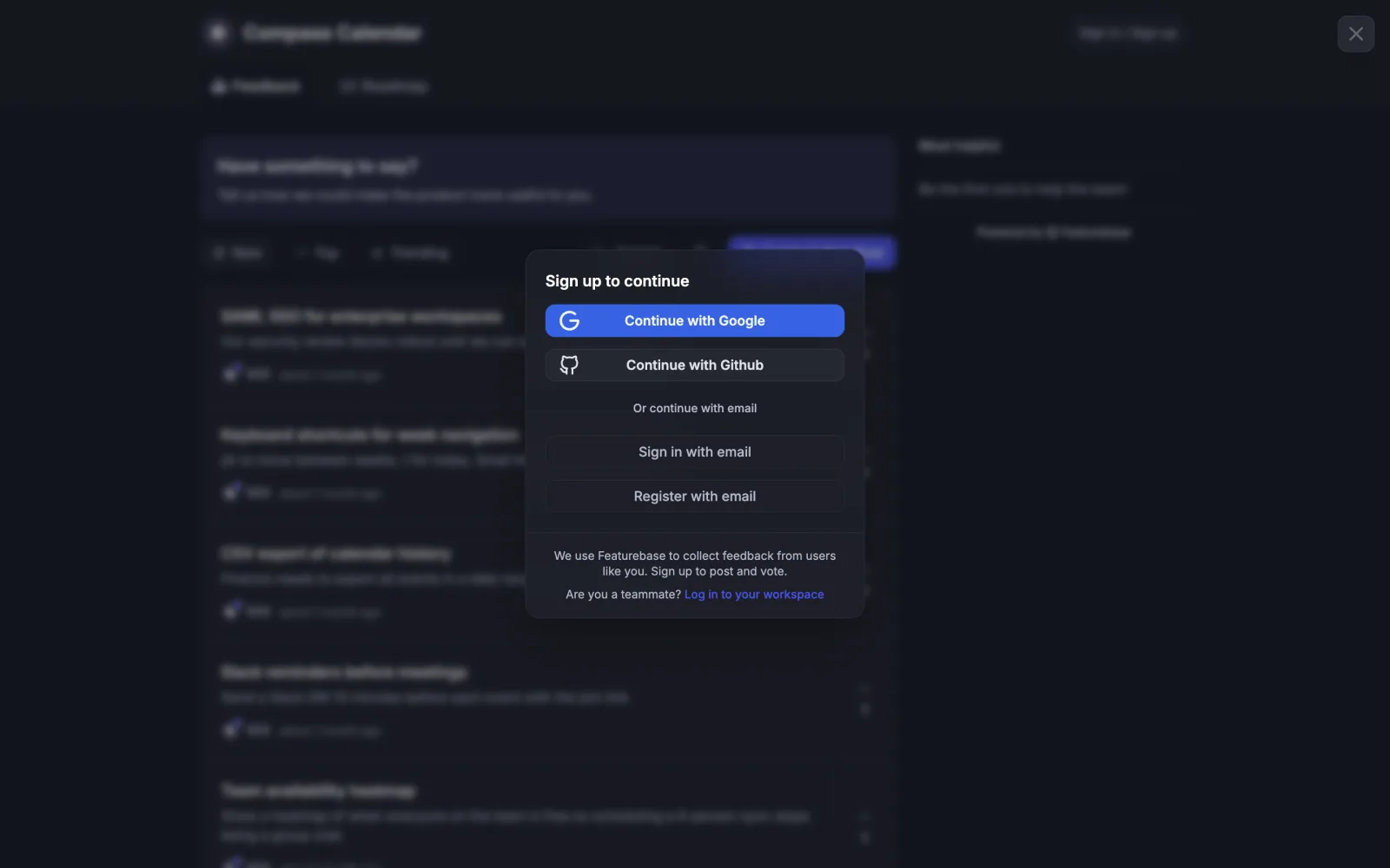 The Compass Calendar public board on Featurebase, blurred behind a Sign up to continue modal with Continue with Google, Continue with Github, Sign in with email and Register with email buttons, and the line We use Featurebase to collect feedback from users like you. Sign up to post and vote.
