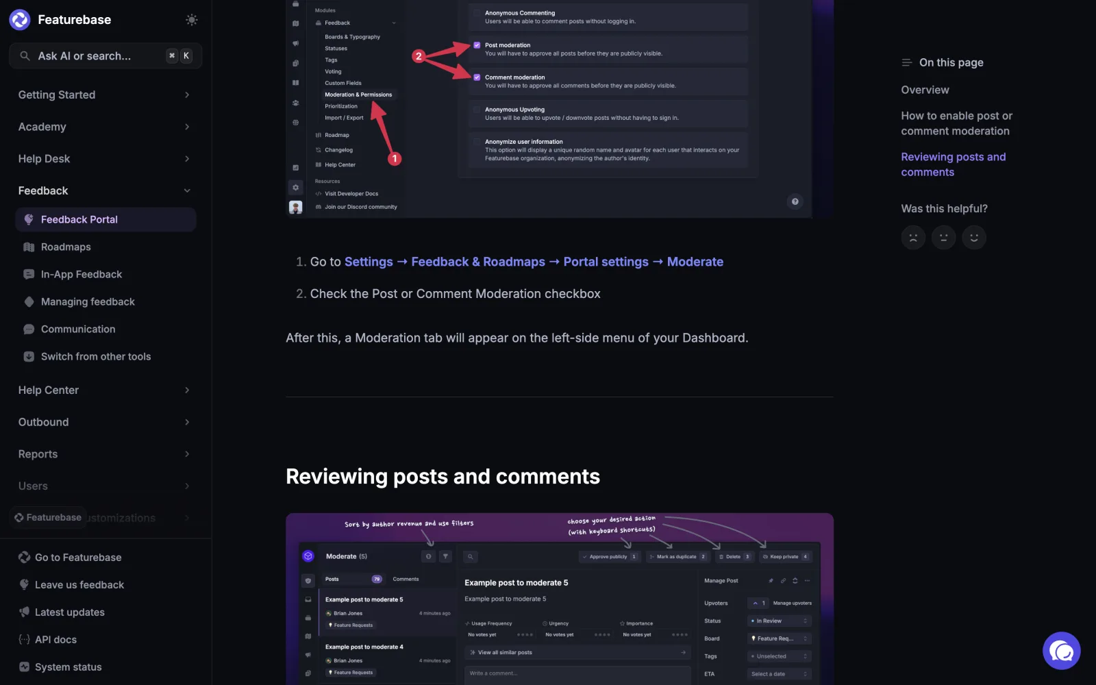 Featurebase's help centre article on moderation. Their screenshot of the settings sidebar with Moderation & Permissions highlighted and two arrows pointing at the Post moderation and Comment moderation checkboxes, followed by the two-step instructions and the start of the annotated moderation queue screenshot.