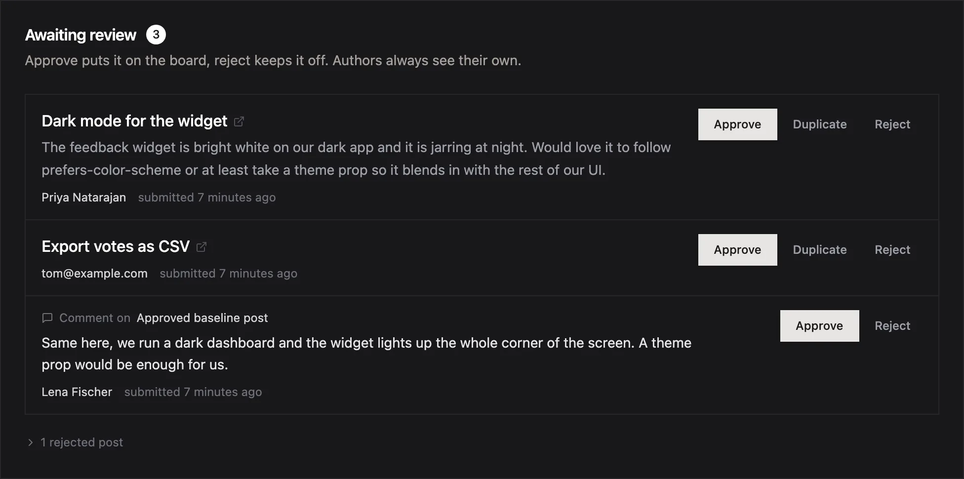 The Awaiting review section on the Usero public board page with a count of three: two held posts, each with title, the first lines of the body, author and submitted time and Approve, Duplicate and Reject buttons, and one held comment labelled with the post it belongs to.