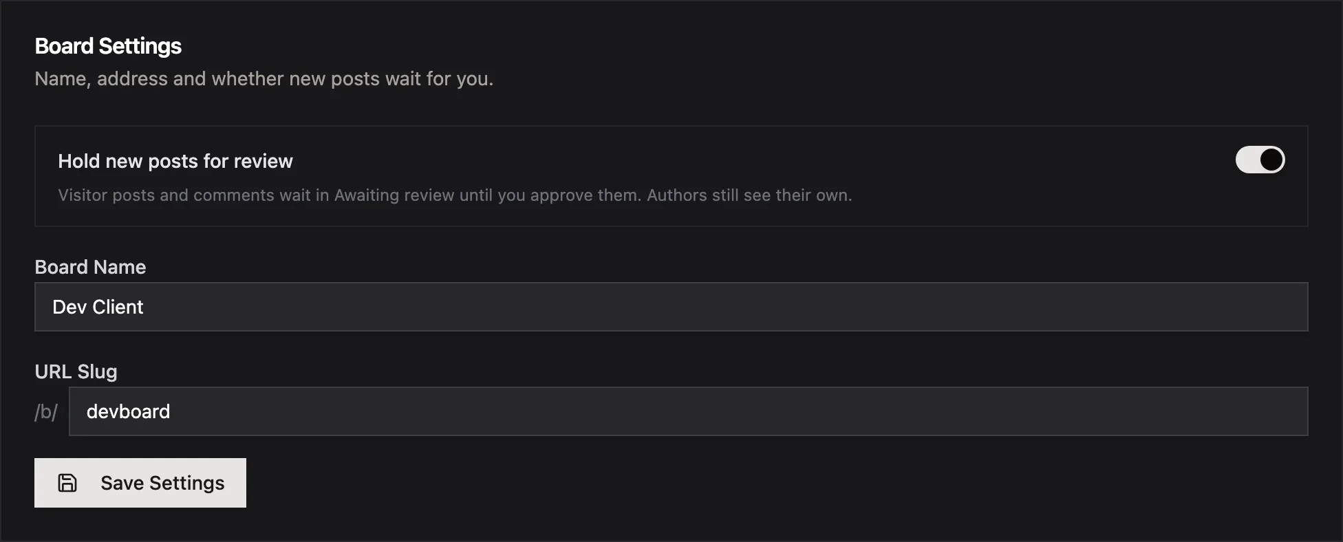 The Usero public board settings page with a Hold new posts for review toggle switched on and a one-line description underneath explaining that new visitor posts and comments stay hidden until approved.