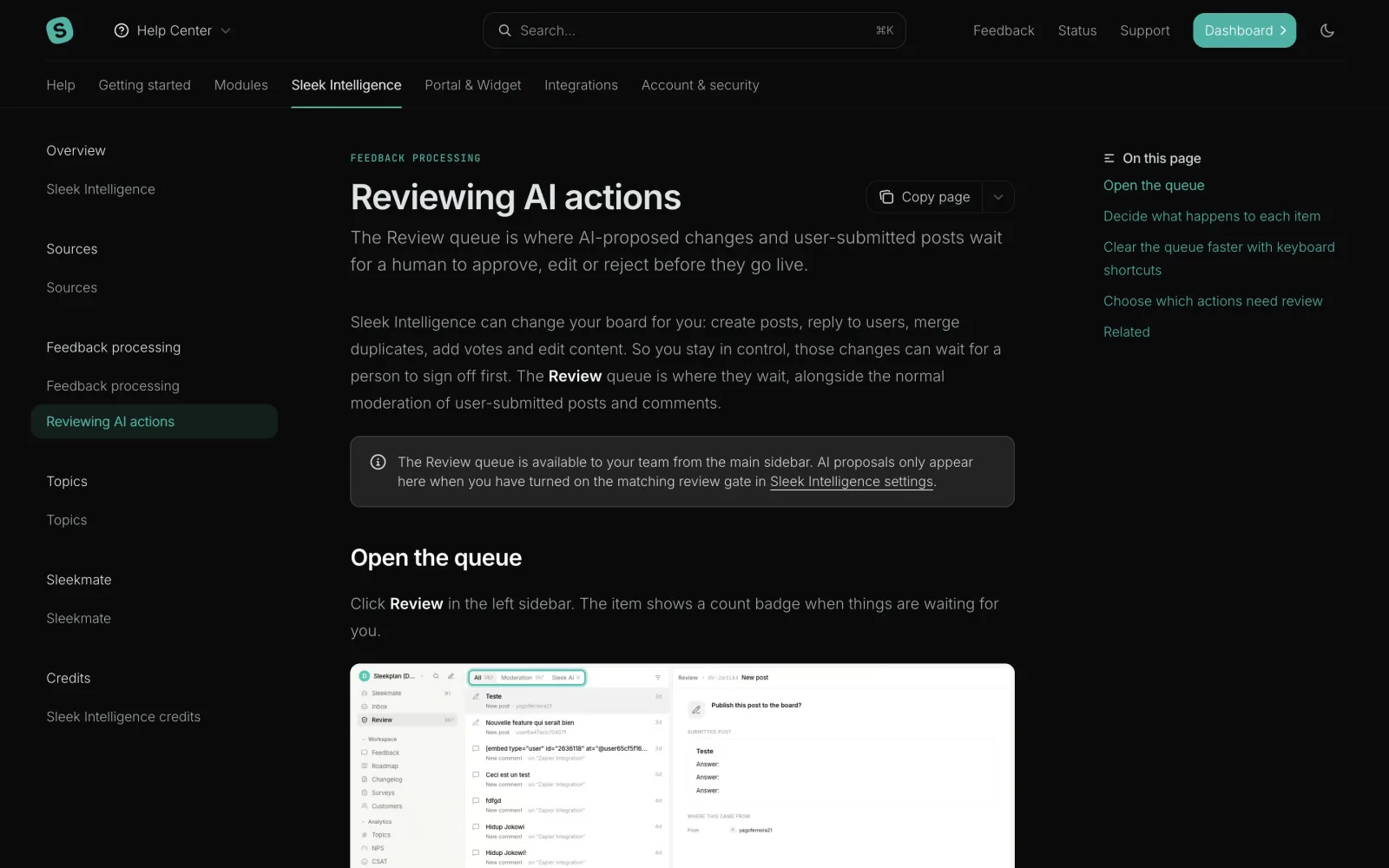 Sleekplan's help centre page titled Reviewing AI actions. The intro explains the Review queue holds AI-proposed changes alongside user-submitted posts, with sections for opening the queue, deciding what happens to each item, and keyboard shortcuts. Their screenshot shows the Review item in the sidebar with a 387 badge, tabs for All, Moderation and Sleek AI, a list of pending posts and comments, and a Publish this post to the board? panel on the right.