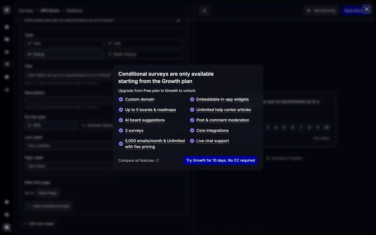 Featurebase upgrade modal reading "Conditional surveys are only available starting from the Growth plan", listing Growth entitlements including custom domain, 3 surveys, embeddable in-app widgets and core integrations, over a blurred survey builder.