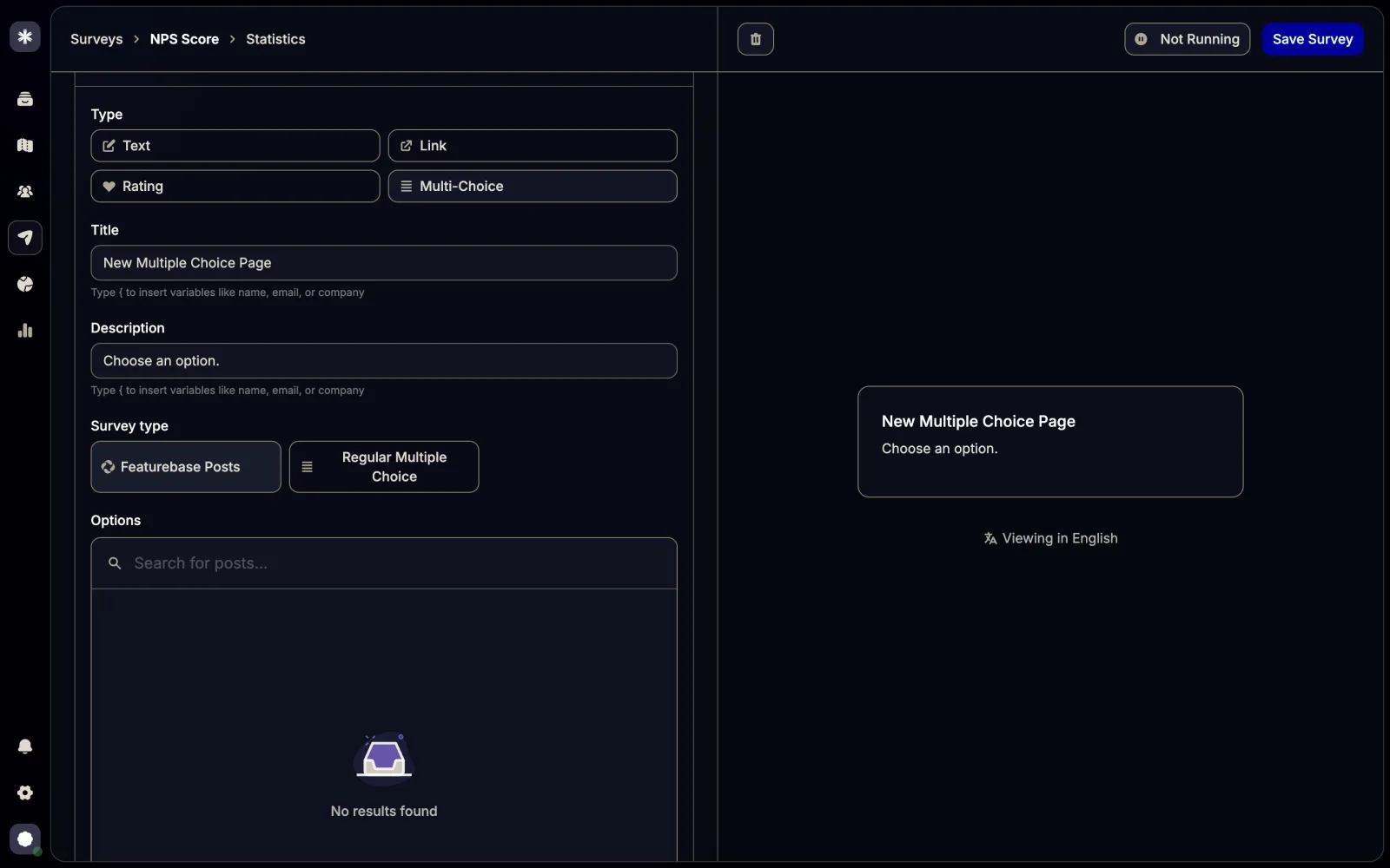 Featurebase survey builder multi-choice question configuration, with the Survey type toggle set to "Featurebase Posts" instead of "Regular Multiple Choice" and the Options field replaced by a "Search for posts..." box.