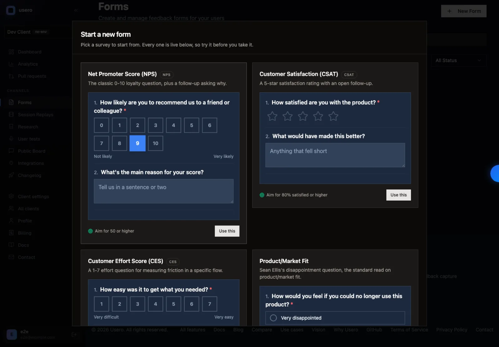 Usero "Start a new form" template gallery with four cards: Net Promoter Score with a live 0-10 button row and 9 selected, Customer Satisfaction with five clickable stars, Customer Effort Score with a 1-7 row, and Product/Market Fit. Each card shows a benchmark line such as "Aim for 50 or higher" next to a "Use this" button.