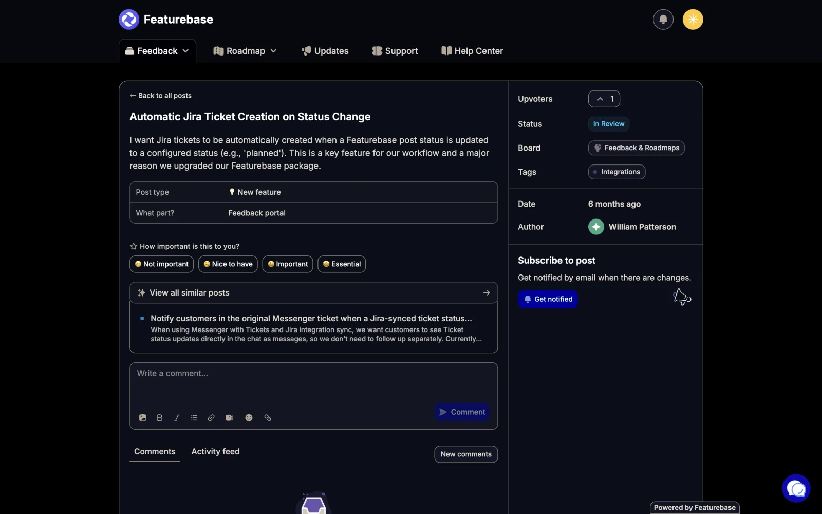 Featurebase board post titled Automatic Jira Ticket Creation on Status Change, status In Review, in which a customer writes that the feature is a key part of their workflow and a major reason they upgraded their Featurebase package.
