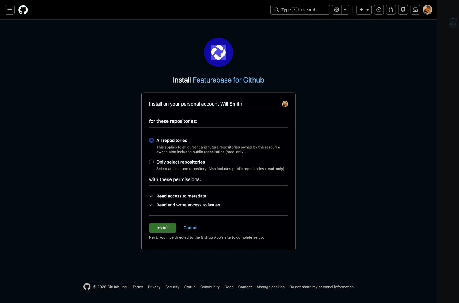 GitHub install screen for the Featurebase app showing the requested permissions: read access to metadata and read and write access to issues, with no pull request or contents permission.