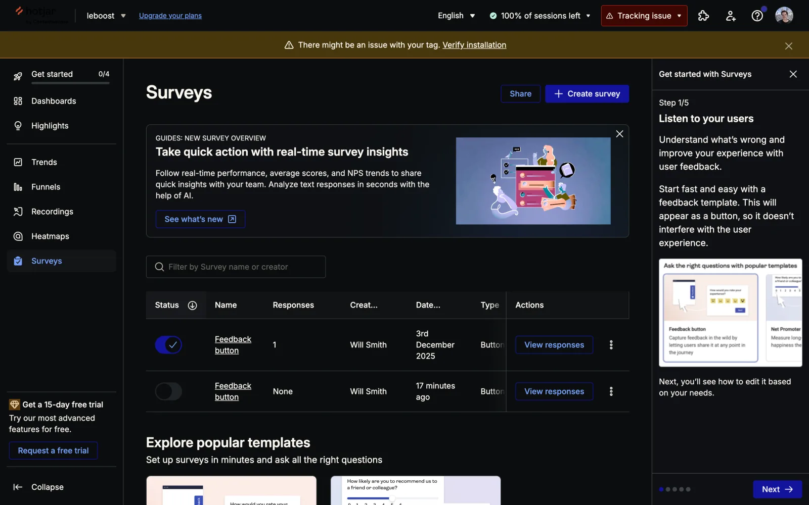 The Hotjar Surveys list showing two Feedback button surveys: the December 2025 one with its status toggle on and one response, and the newly created one from 17 minutes ago with its status toggle off and no responses.