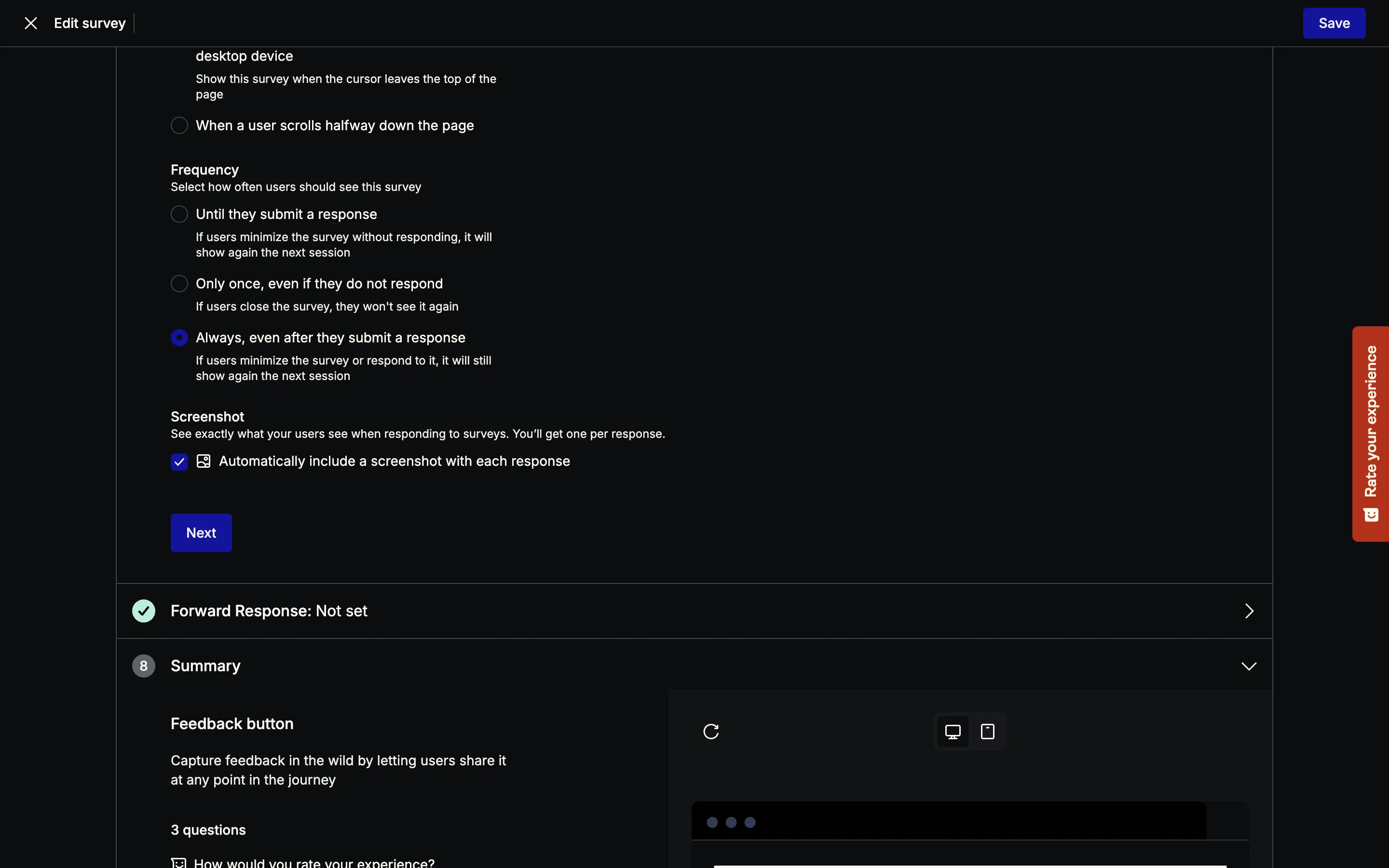 Hotjar survey editor Behavior section with the automatic screenshot checkbox ticked by default
