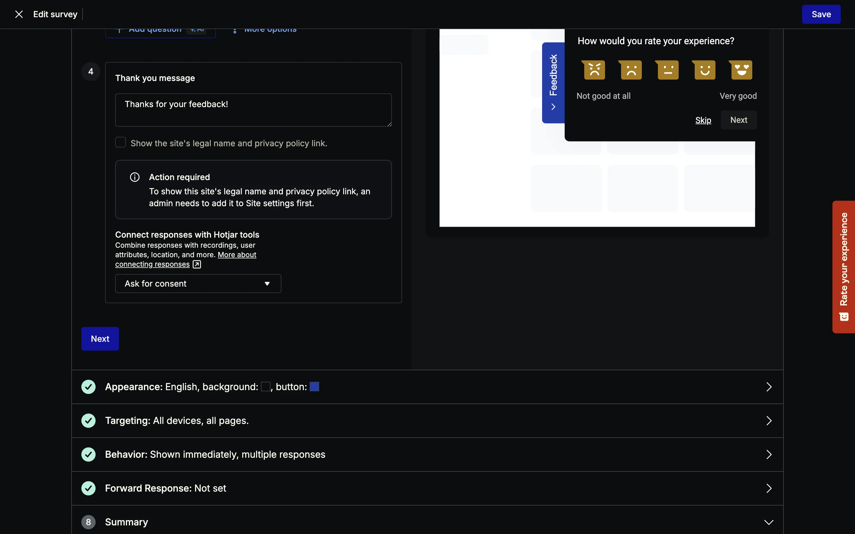 Hotjar survey editor with the Connect responses dropdown set to Ask for consent