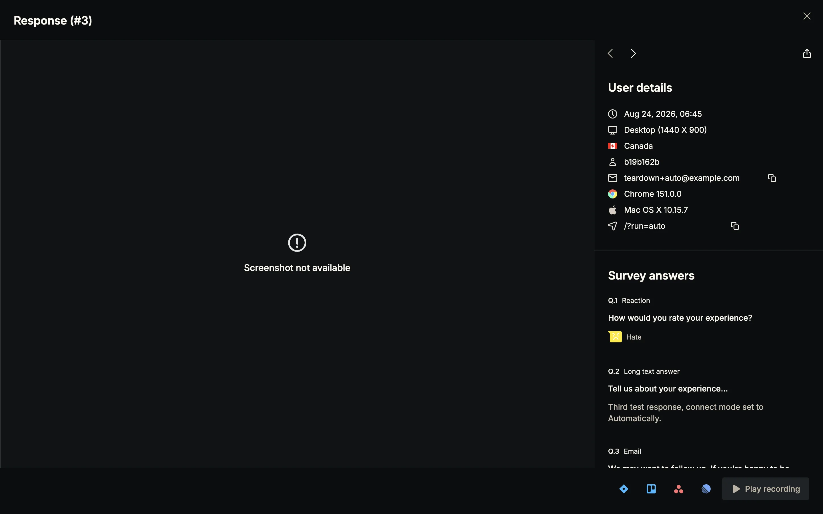Hotjar response modal showing an error glyph and Screenshot not available message on a freshly submitted response