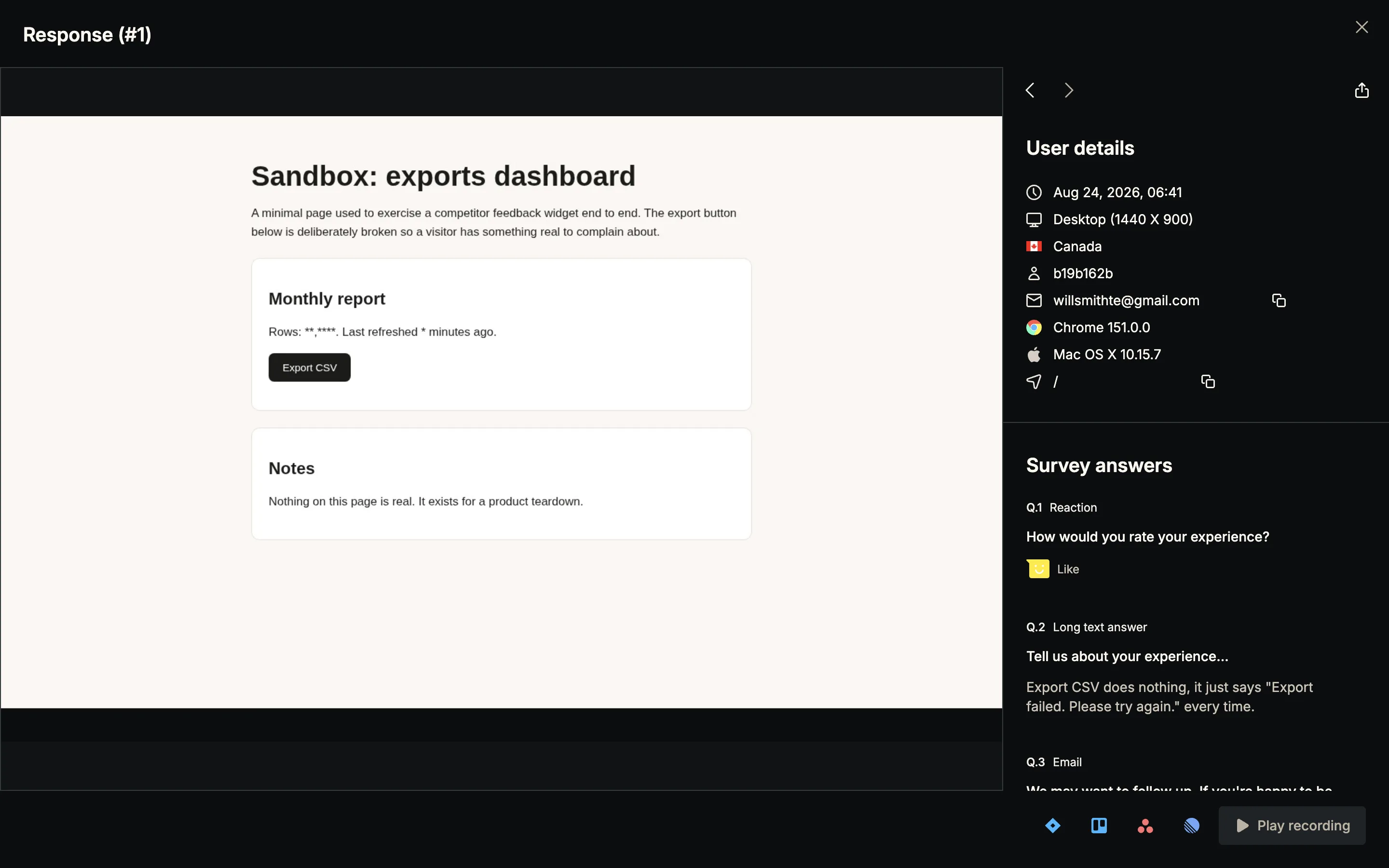 Hotjar response modal showing the reconstructed page screenshot with digits masked to asterisks beside the survey answers