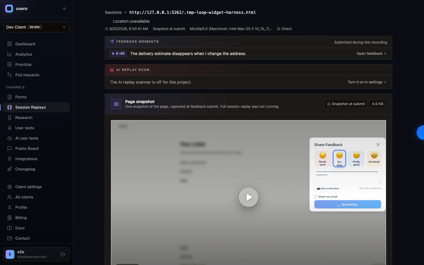 Usero dashboard showing a page snapshot as a still frame of the page a feedback report came from