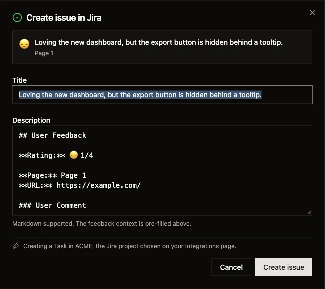 The Create issue in Jira dialog in Usero. The user comment is shown at the top, the title is pre-filled with it, the description is pre-filled with the rating, page and URL, and the footer says the issue will be a Task in the ACME project.
