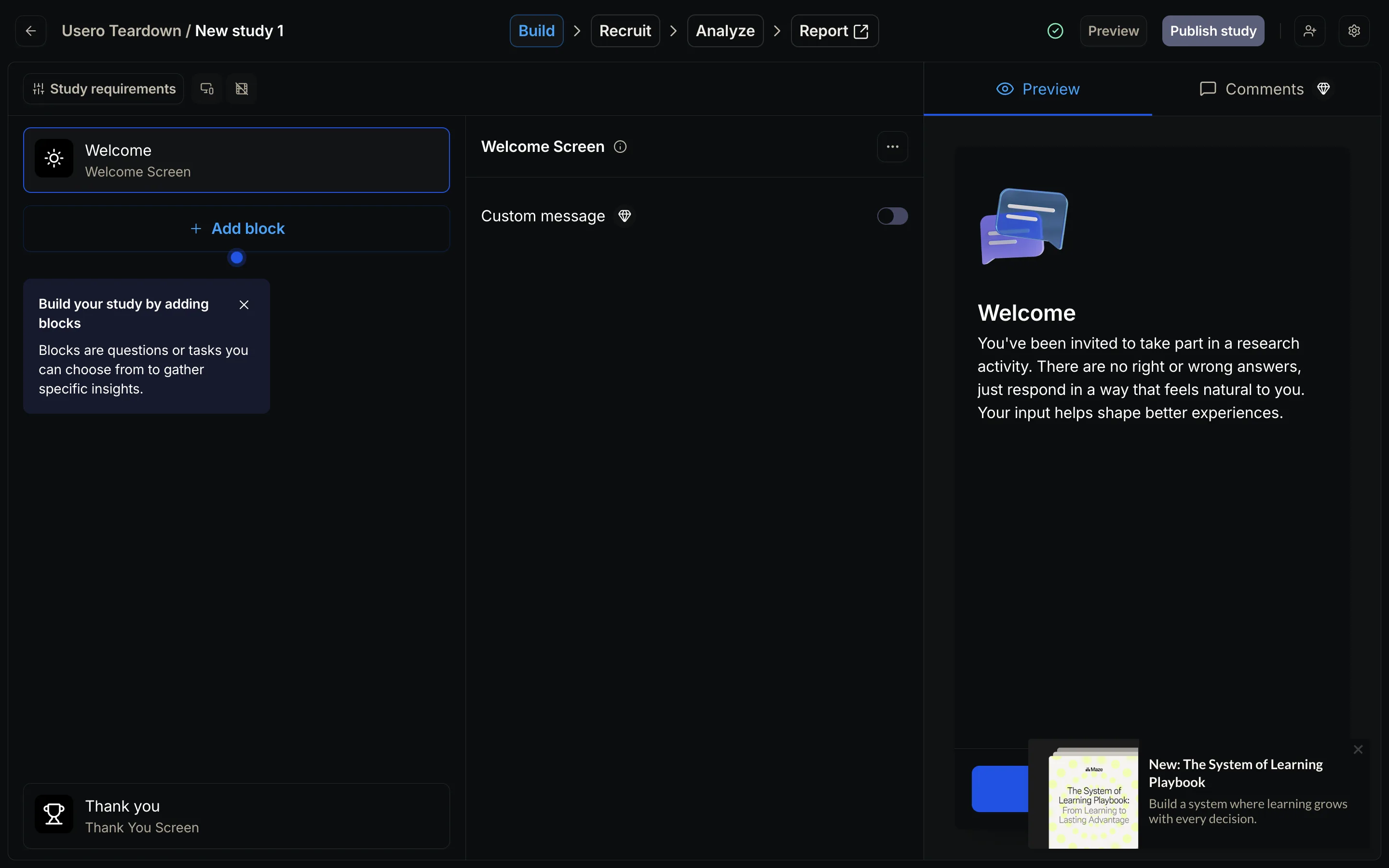 Maze’s empty study builder in a three-pane layout: the block list on the left, block configuration in the middle, and a live participant preview on the right showing the study exactly as a participant would see it.