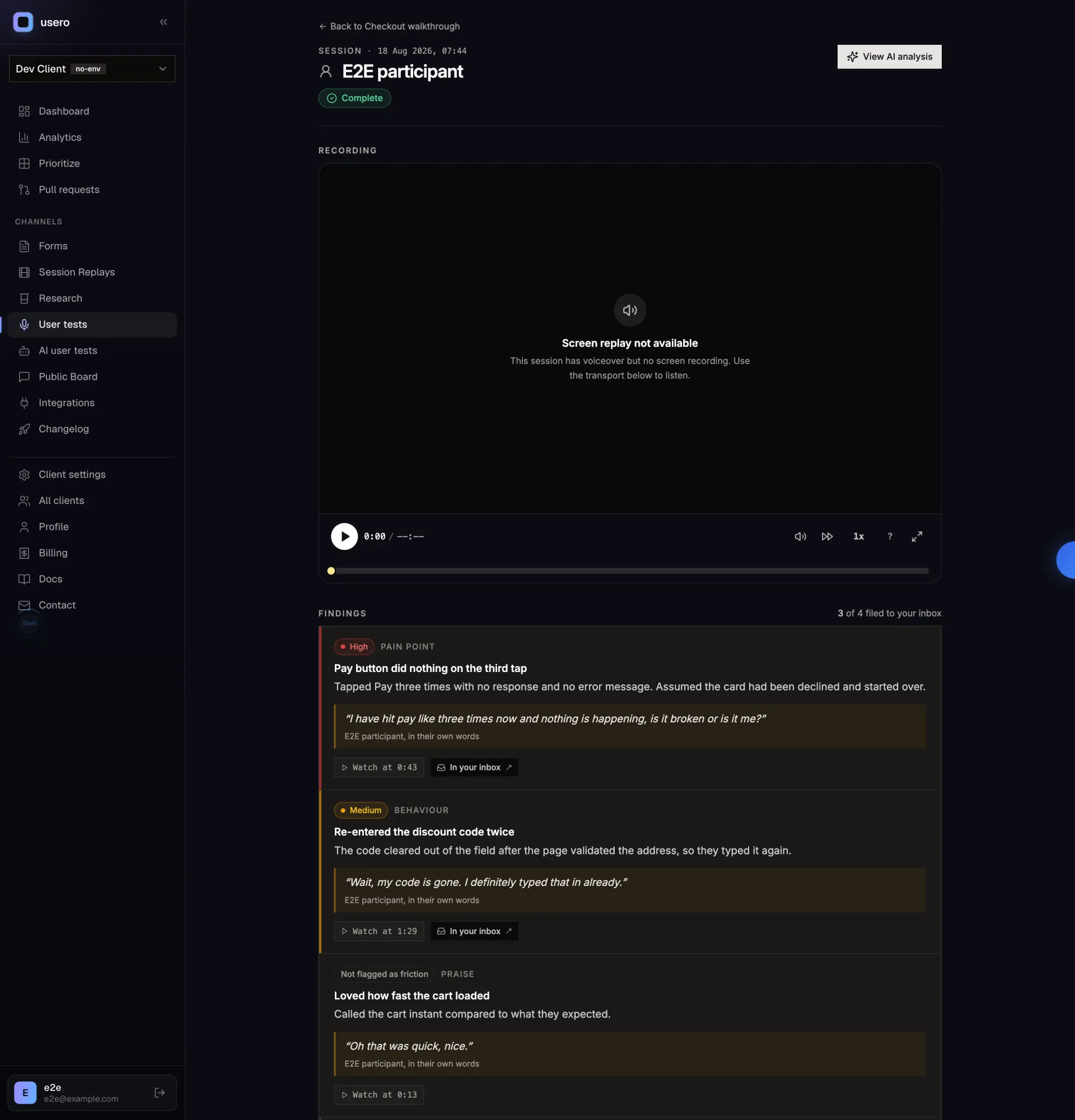 A Usero user test session page listing the analysis findings, each with a severity tag and a Filed to inbox indicator, above the synced screen replay and audio player for the session.