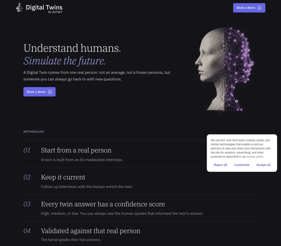 Outset's Digital Twins page: the headline about directional answers validated against the real person, the High, medium and low confidence scores, and the human quotes shown behind a twin's answer.