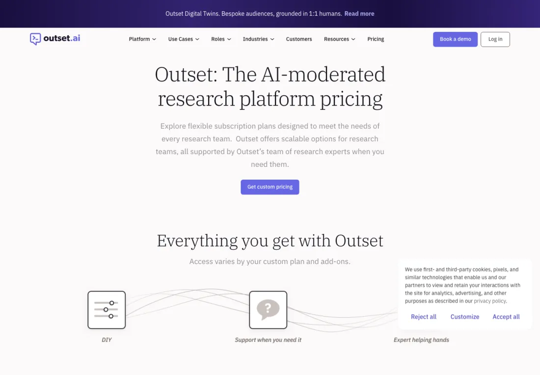 Outset's pricing page. No numbers, a line saying pricing is not one-size-fits-all, and a single Get custom pricing button.