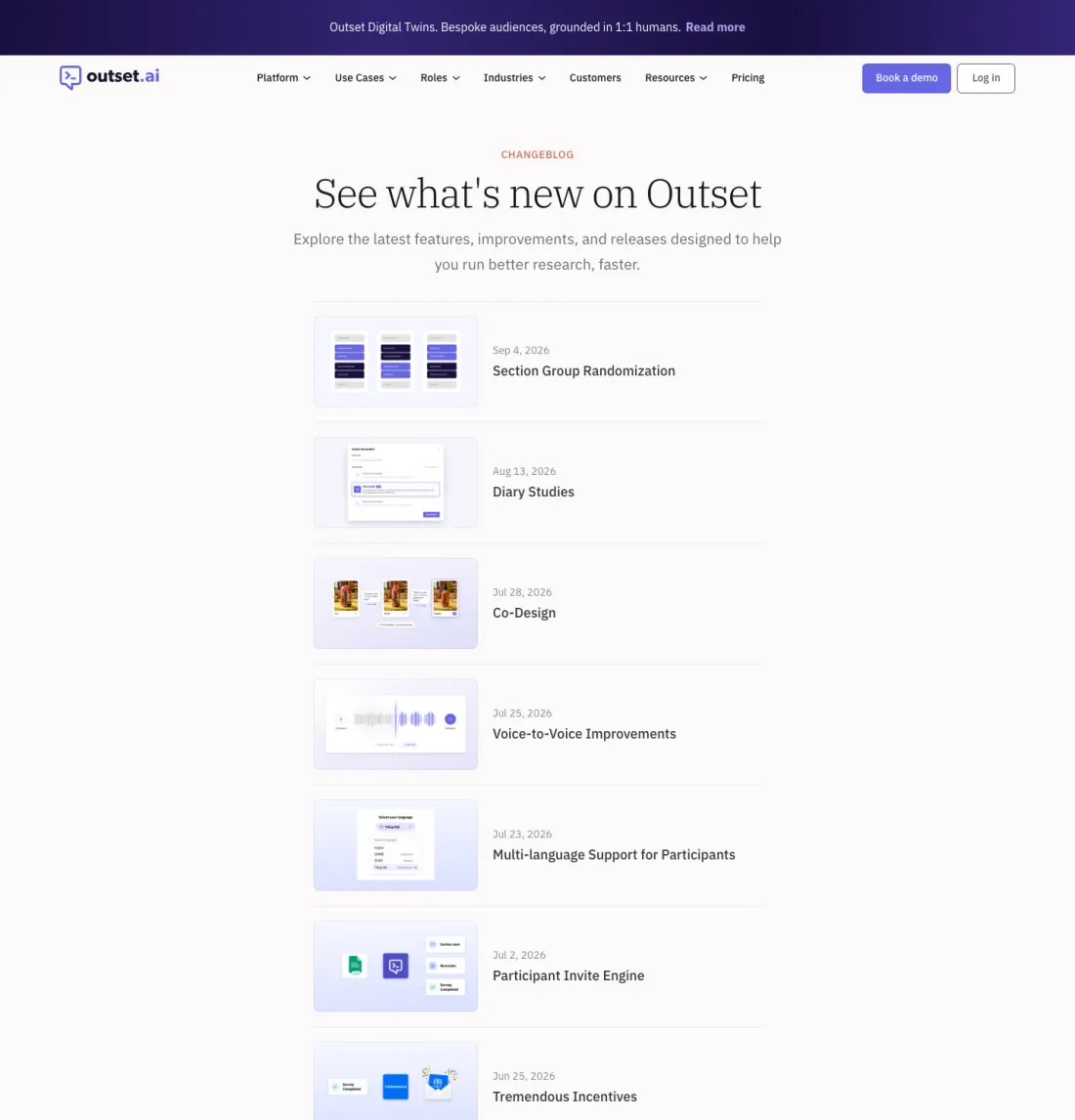Outset's changeblog with all 38 entries expanded, each with a date, a thumbnail and a one-noun title, running from Explore Page in September 2025 to Section Group Randomization on September 4, 2026.