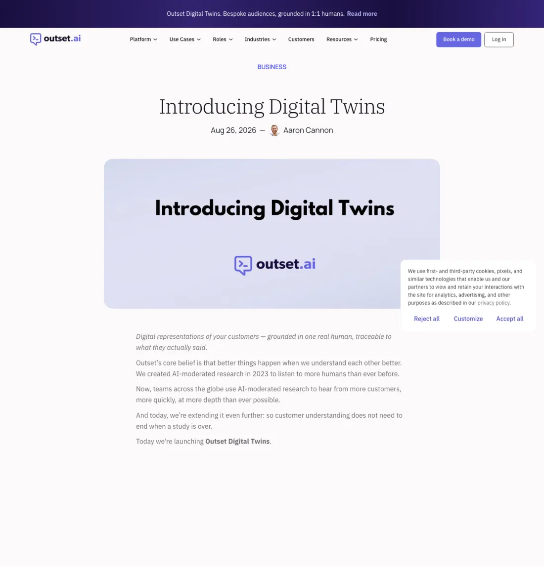 The Introducing Digital Twins blog post, with the five-step diagram: recruit, grounding interview, persona core, blind validation against held-out questions, and periodic re-interviews.