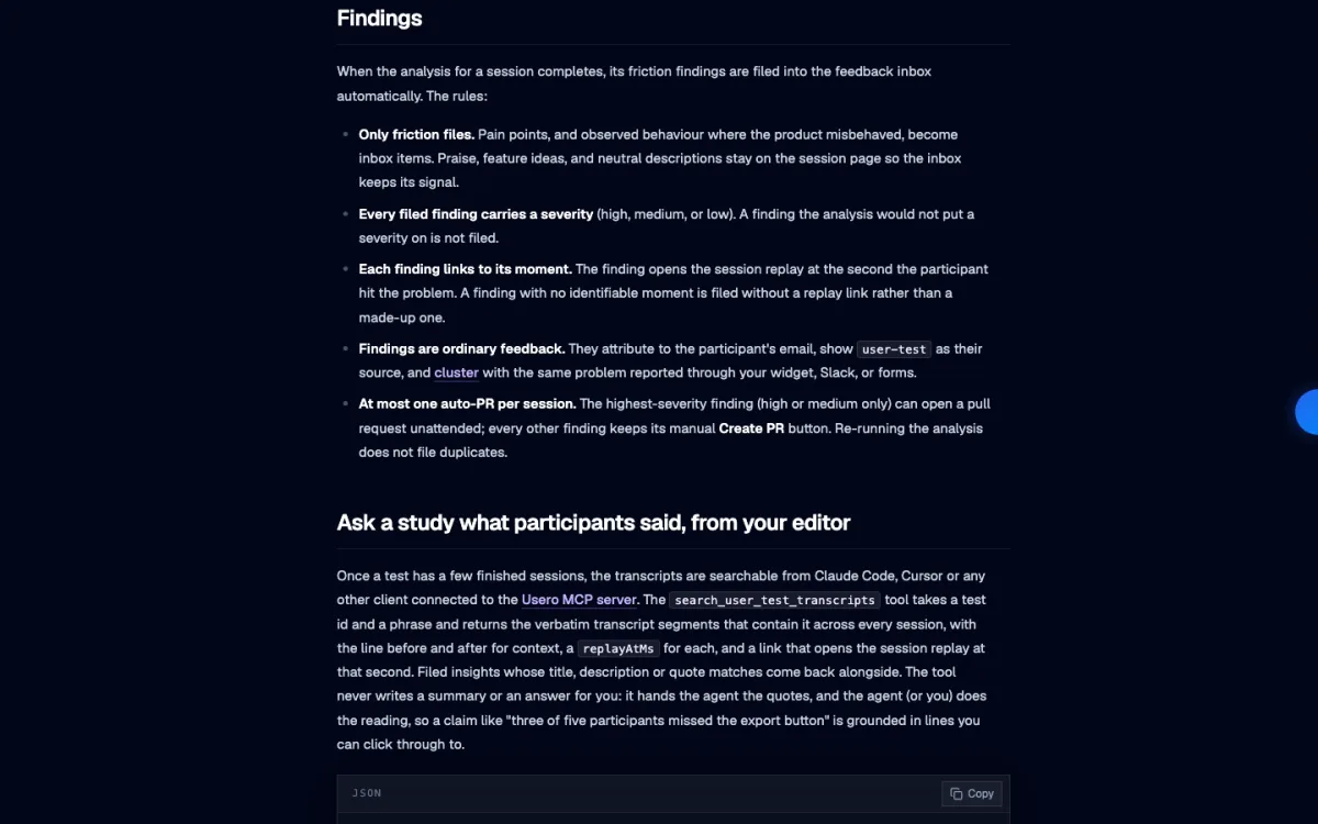 The Usero user testing docs, scrolled to a new section titled Ask a study what participants said, from your editor, describing the search_user_test_transcripts tool, the replayAtMs on each segment and the replay link, above a JSON example call.