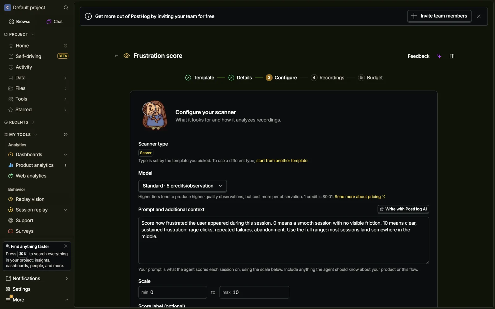 The Configure step of a PostHog Replay vision scanner: prompt, 0-10 scale, model tier picker, and a Self-driving section with an Emit findings as Signals toggle