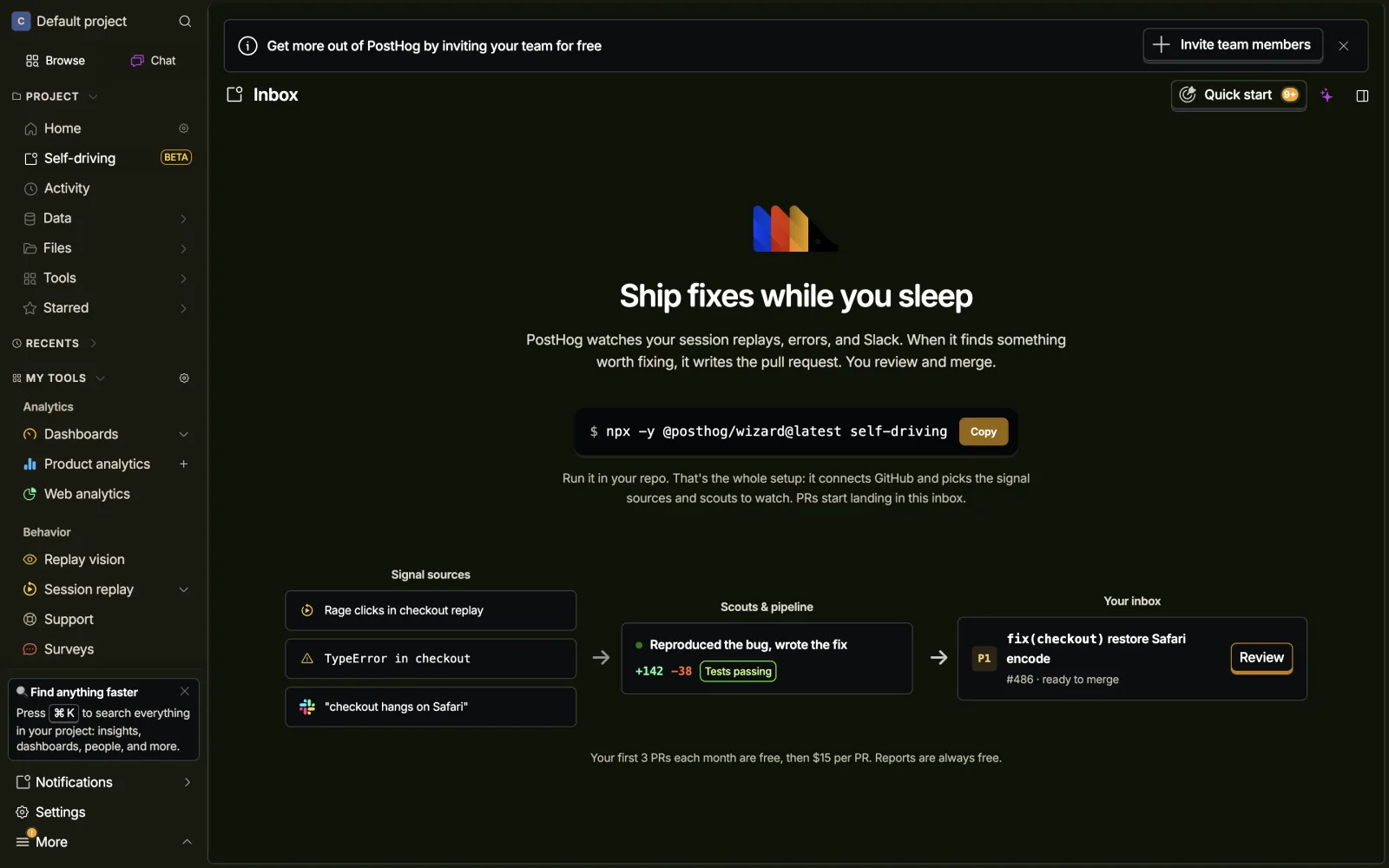 PostHog Self-driving beta page: signal sources flowing to scouts and a pipeline that drafts pull requests, priced at 3 free PRs per month then $15 per PR