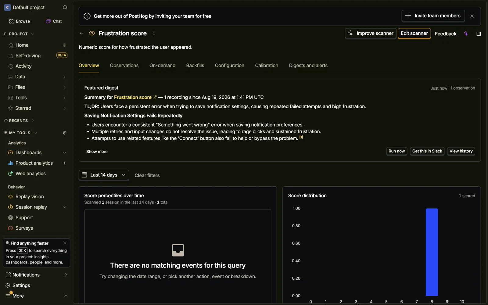 PostHog Replay vision digest: TL;DR of the frustration findings, themed sections with citations, score distribution histogram, and a Slack delivery option