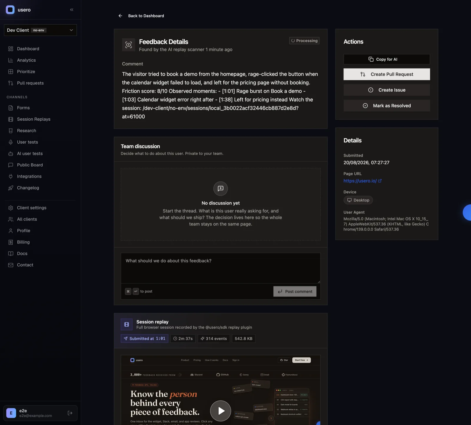 An auto-filed feedback item in the Usero inbox marked Found by the AI replay scanner, with the session replay attached